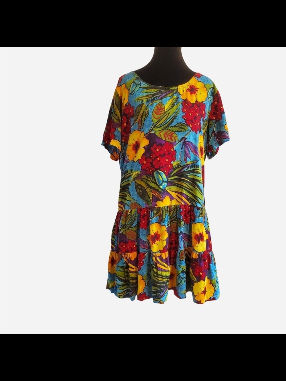 Pineapple Moon Hibiscus Floral Flowy Tiered Mini Dress Size XL 90s Boho Tropical